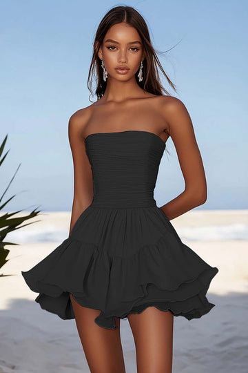 Black Ruffled Chiffon Strapless Short Cocktail Dress
